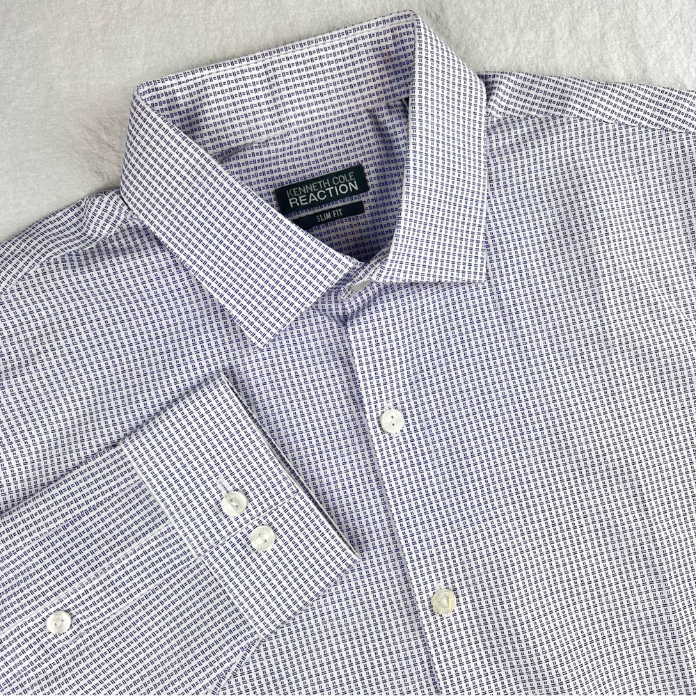 Kenneth Cole Reaction Men’s L  16 32-33 Slim Fit AOP Button Down Purple White